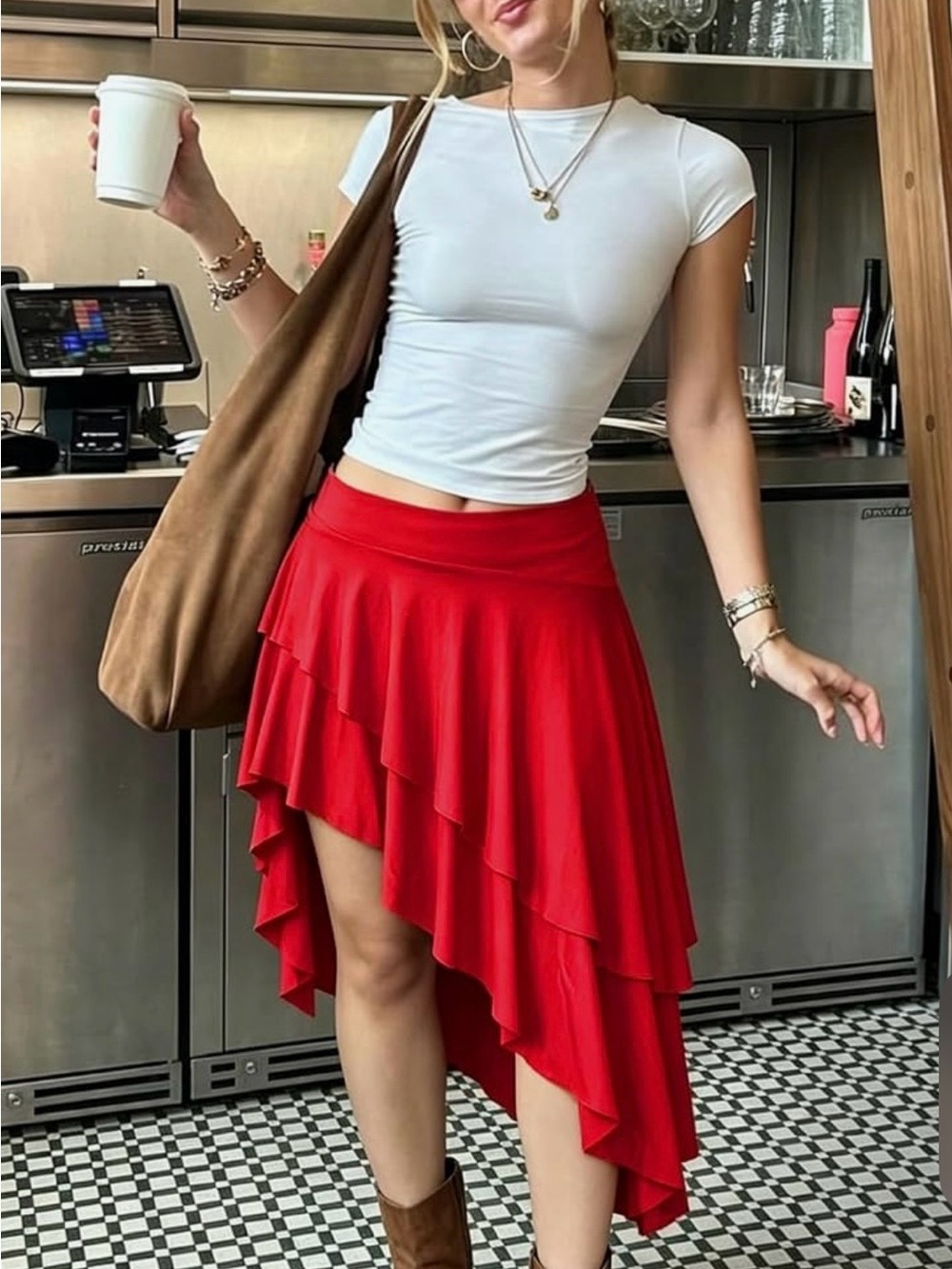 Red  Ruffled Asymmetrical Skirt. - Picture 5 of 10